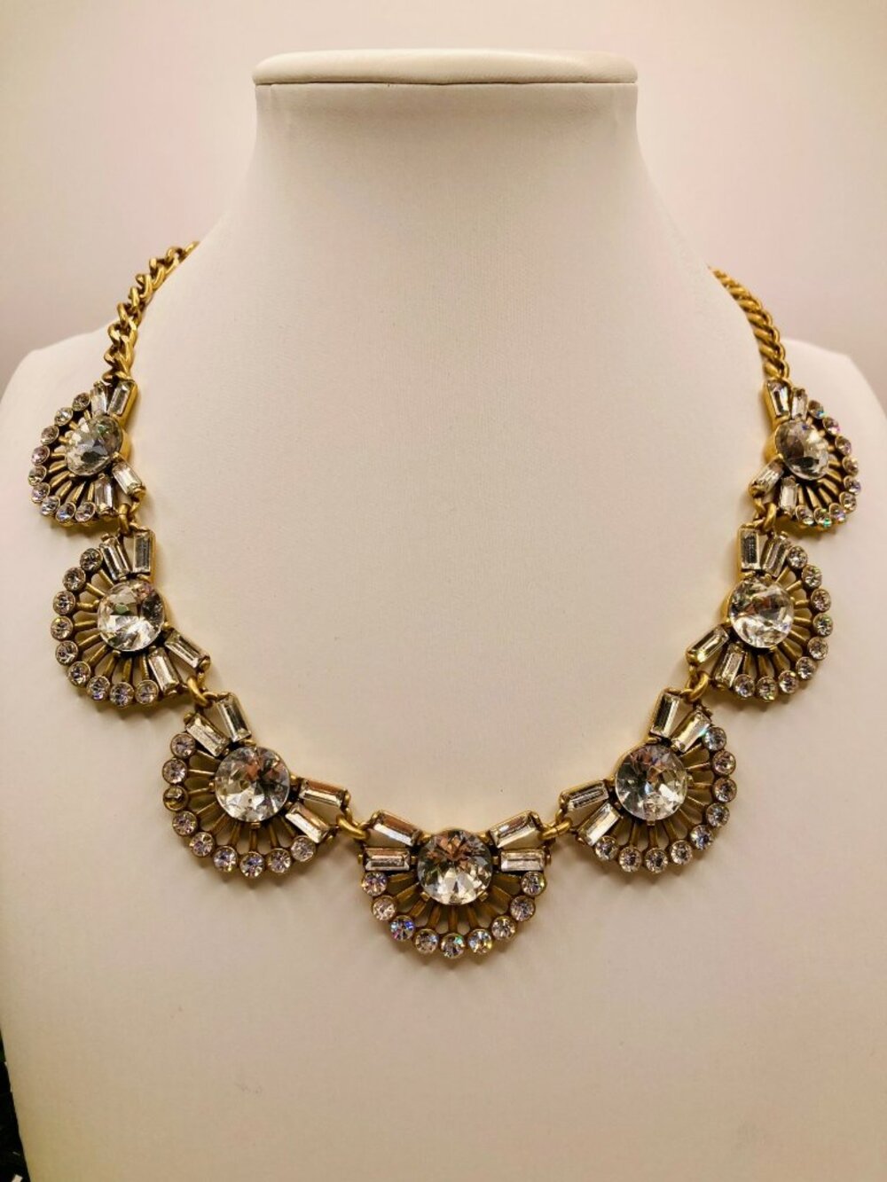 J. Crew Vintage Inspired Fanned Out Gold Tone Necklace Clear Rhinestones -18B